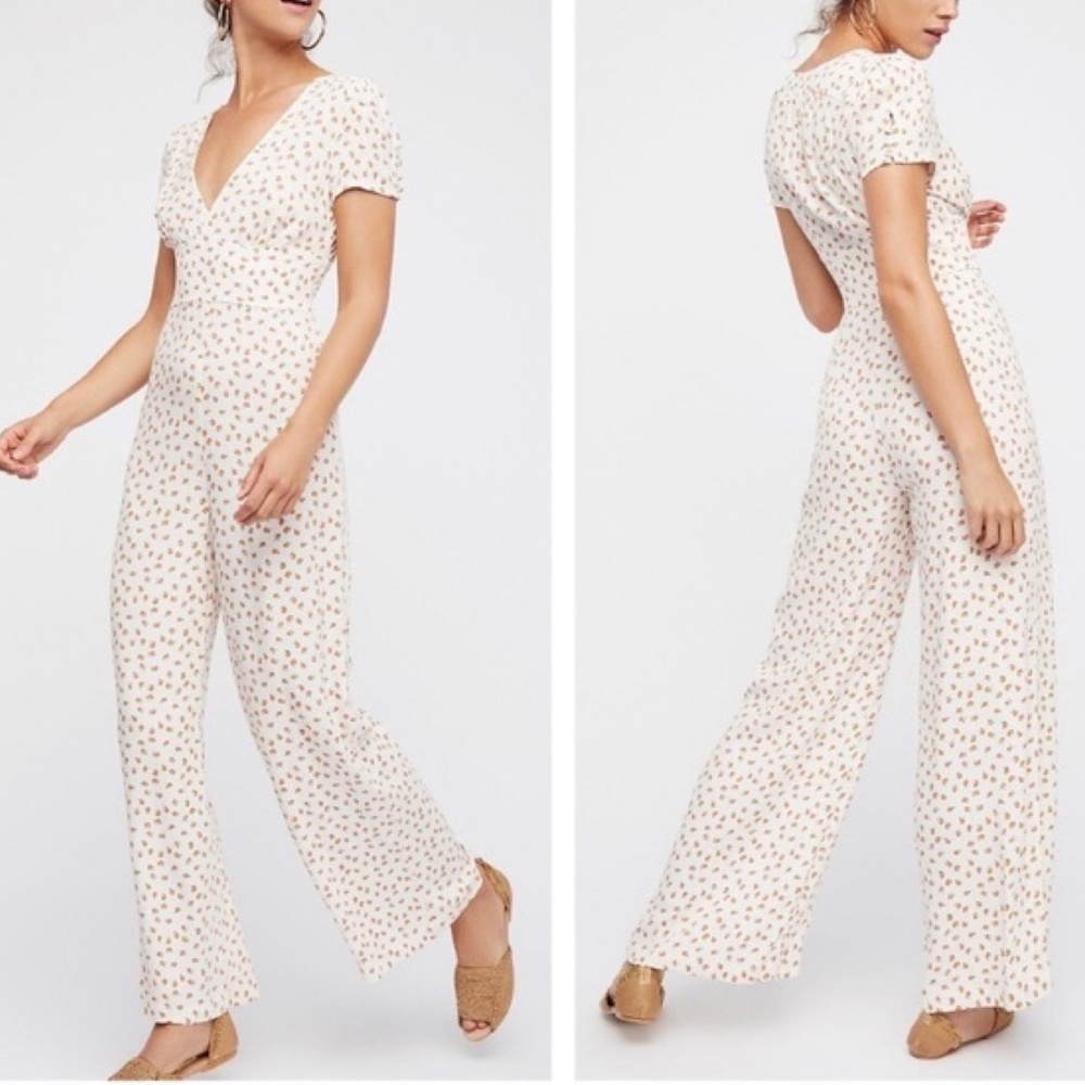 FP | Mia Peach Print V-Neck Bodice Lightweight Flirty Wide Leg Romper Jumpsuit